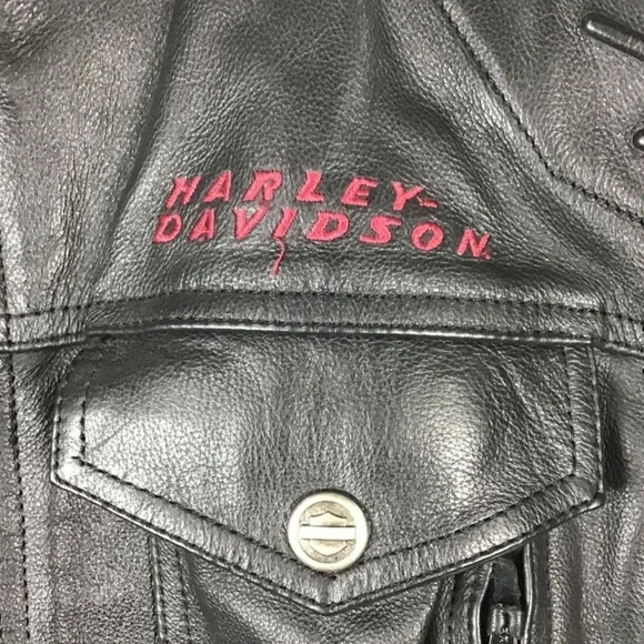 Harley Davidson Black Leather Jacket w/ Burgundy Embroidery - LW Women's Large - Picture 3 of 10